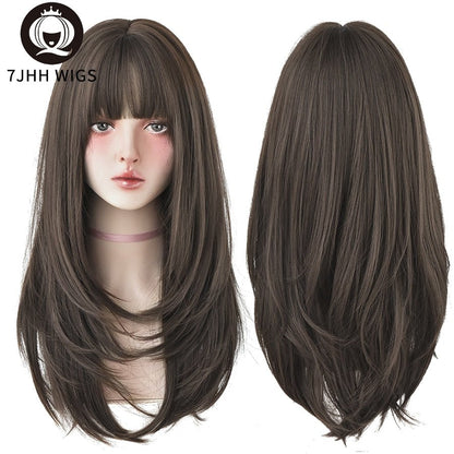 7JHHWIGS Long Wavy Synthetic Black Wigs For Women With Fringe Fashion Heat Resistant Mid-Length Daily Straight Light Brown Hair - DunbiBeauty, LLC