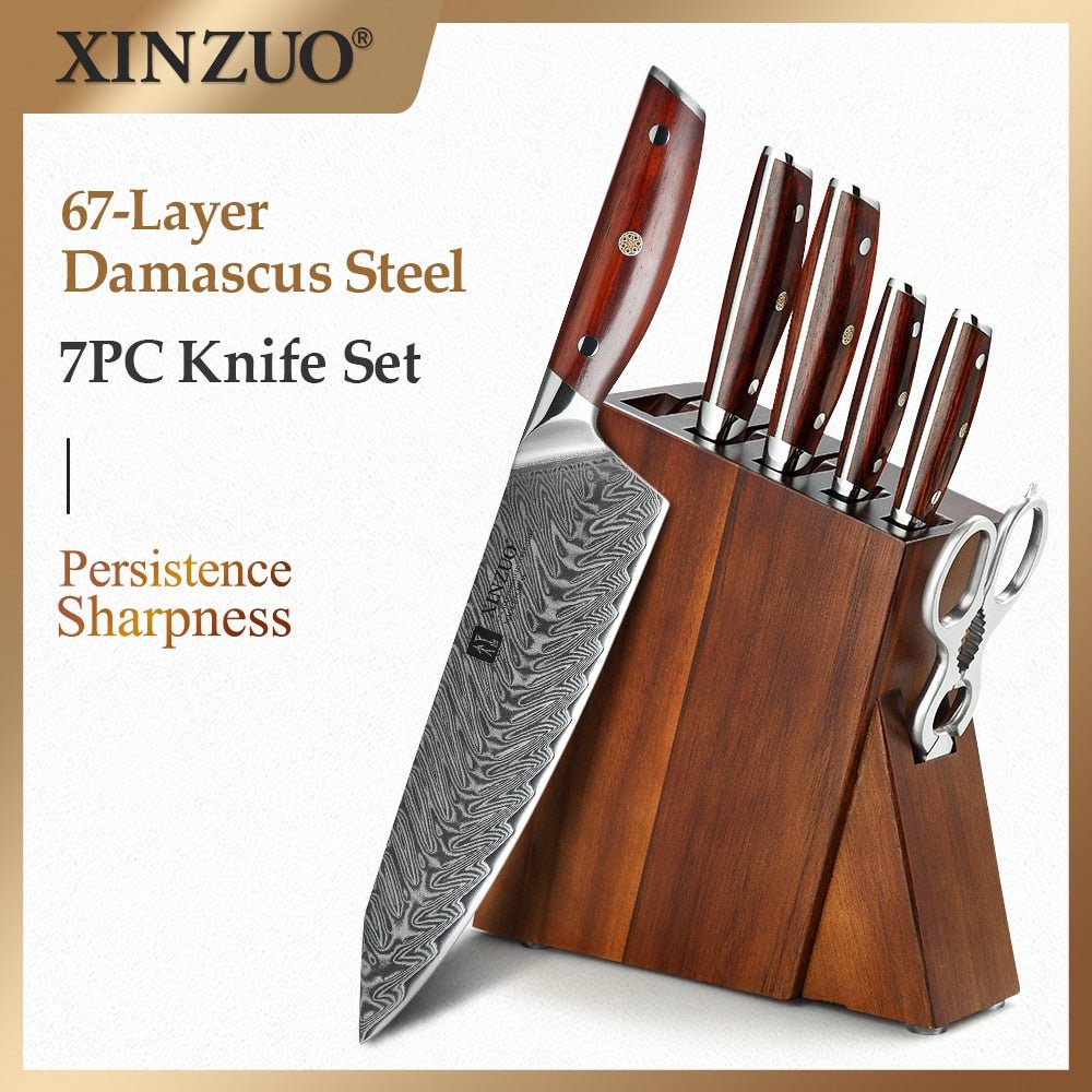 7PCS Knife Set Chef Santoku Utility Paring Damascus Steel With Rosewood Handle Kitchen Knives Scissors Knife Holder Block - DunbiBeauty, LLC