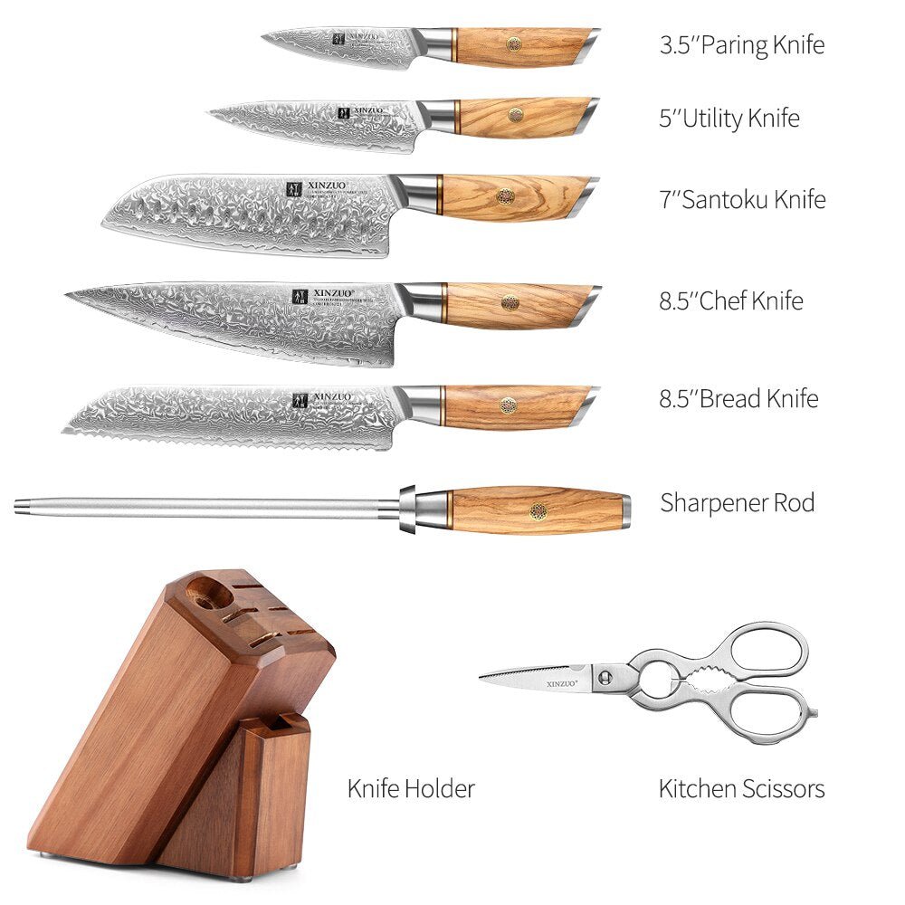 8 Piece Set Knife Holder Set with Sharpener Kitchen Scissors Power Damascus Steel Cooking Tools Olive Wood Handle - DunbiBeauty, LLC