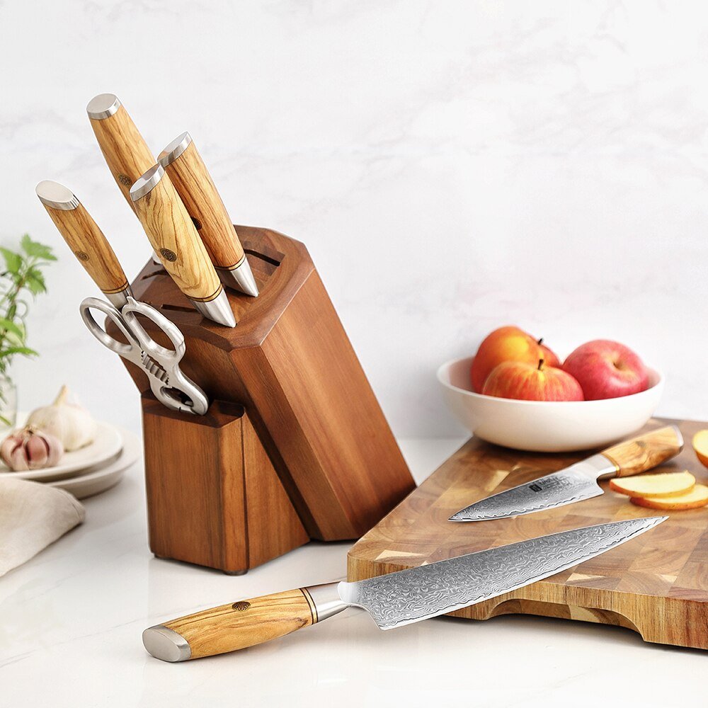 8 Piece Set Knife Holder Set with Sharpener Kitchen Scissors Power Damascus Steel Cooking Tools Olive Wood Handle - DunbiBeauty, LLC