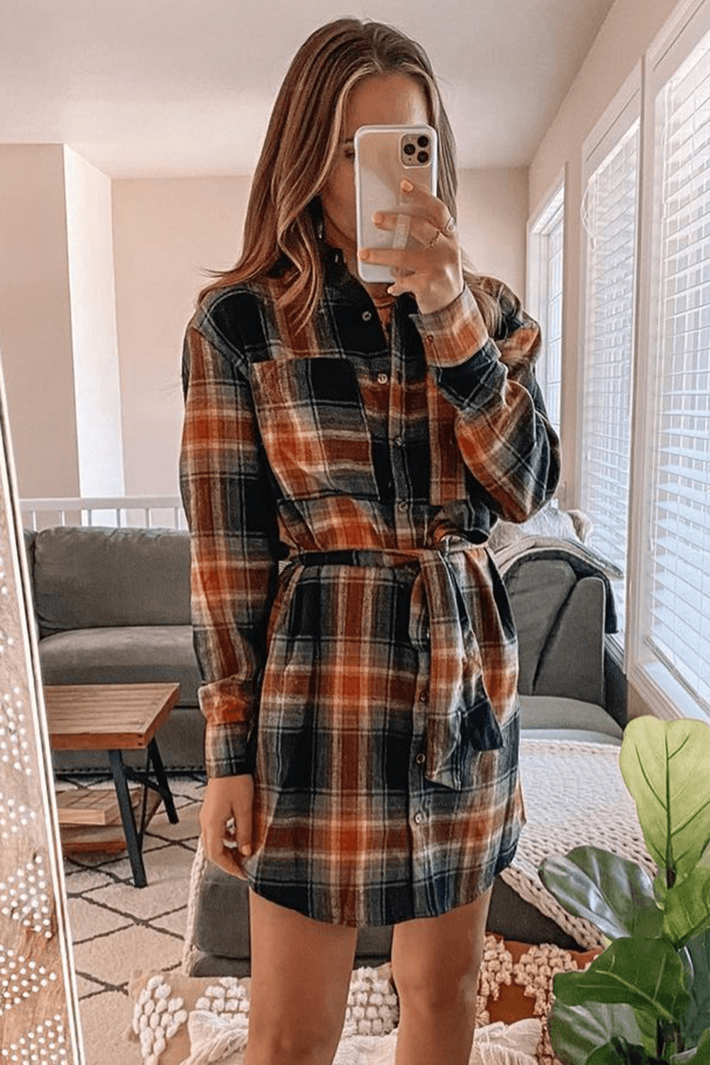 Plaid Chest Pocket Shirt Mini Dress With Belt Kiwidrop