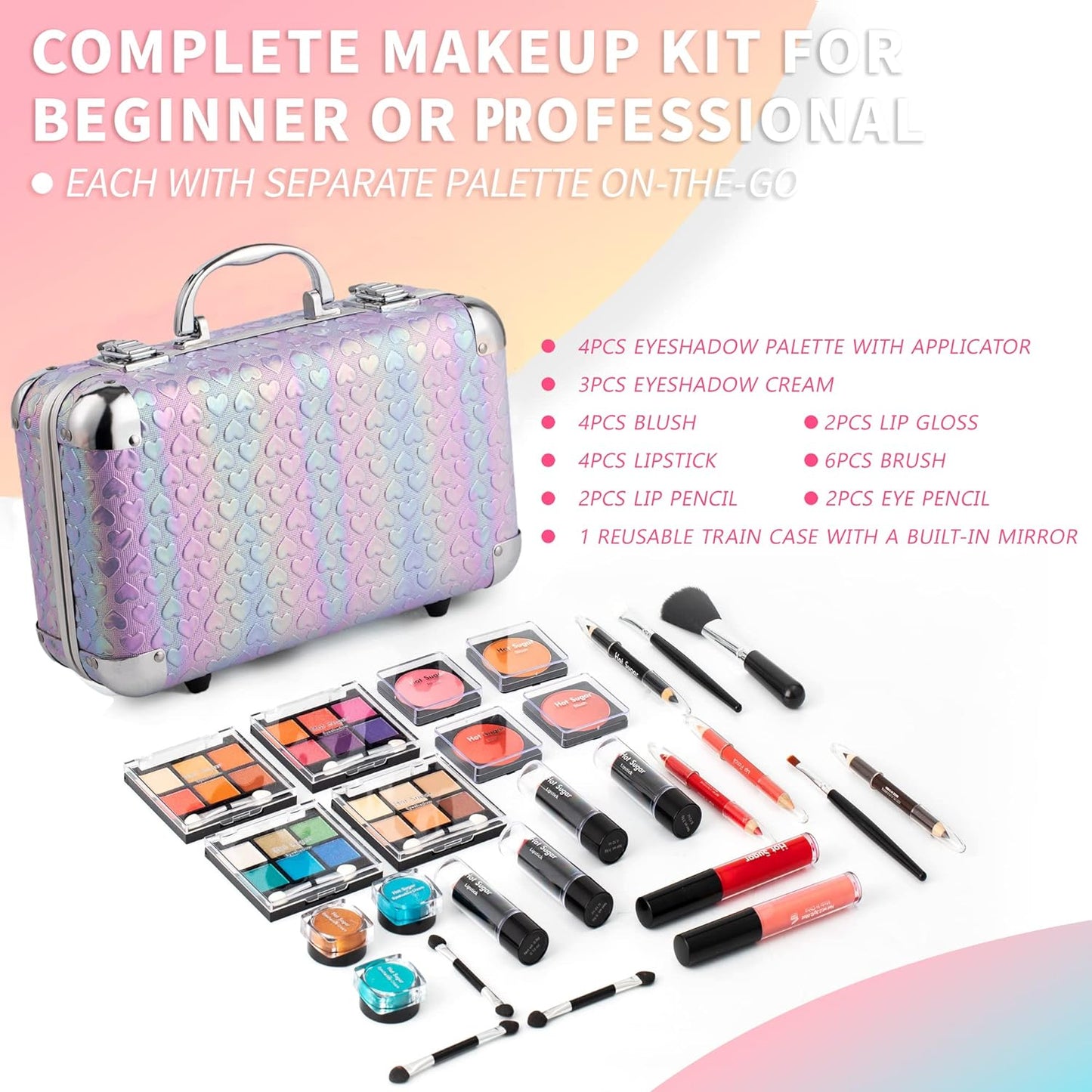 Hot Sugar All In One Makeup Set for Teenager Girls 10-12 Full Makeup Kit for Beginners Includes Eye Shadow Palette Blush Lip Gloss Lipstick Lip Pencil Eye Pencil Brush Mirror (Pink Heart)