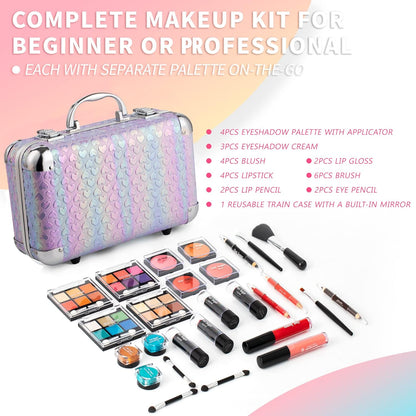 Hot Sugar All In One Makeup Set for Teenager Girls 10-12 Full Makeup Kit for Beginners Includes Eye Shadow Palette Blush Lip Gloss Lipstick Lip Pencil Eye Pencil Brush Mirror (Pink Heart)