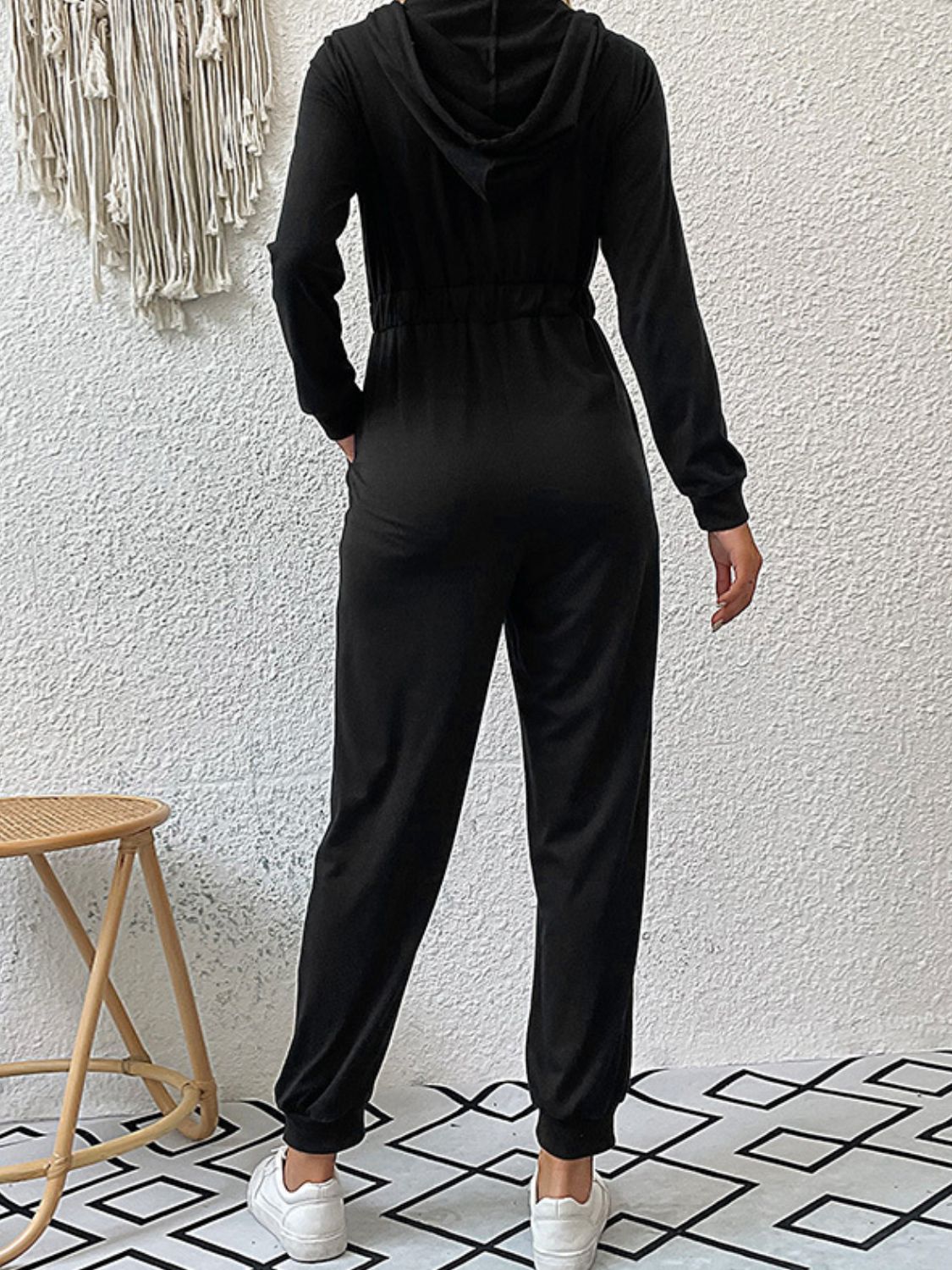 Zip Up Elastic Waist Hooded Jogger Jumpsuit Trendsi