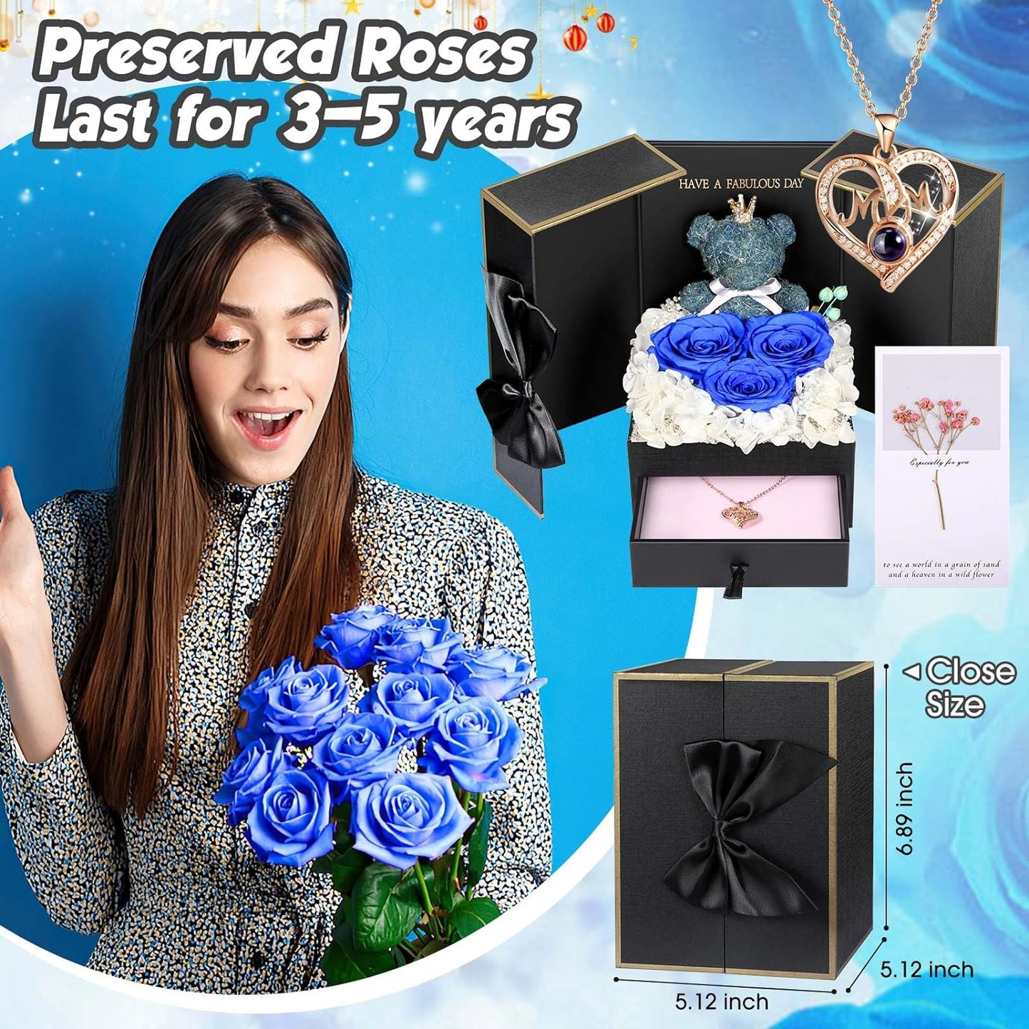 ADDWel Roses Gifts for Women - Unique Preserved Roses Forever Flowers with Necklace Gifts for Girlfriend Wife Mom on Birthday Mothers Day, Valentines Day, Anniversaries, Christmas