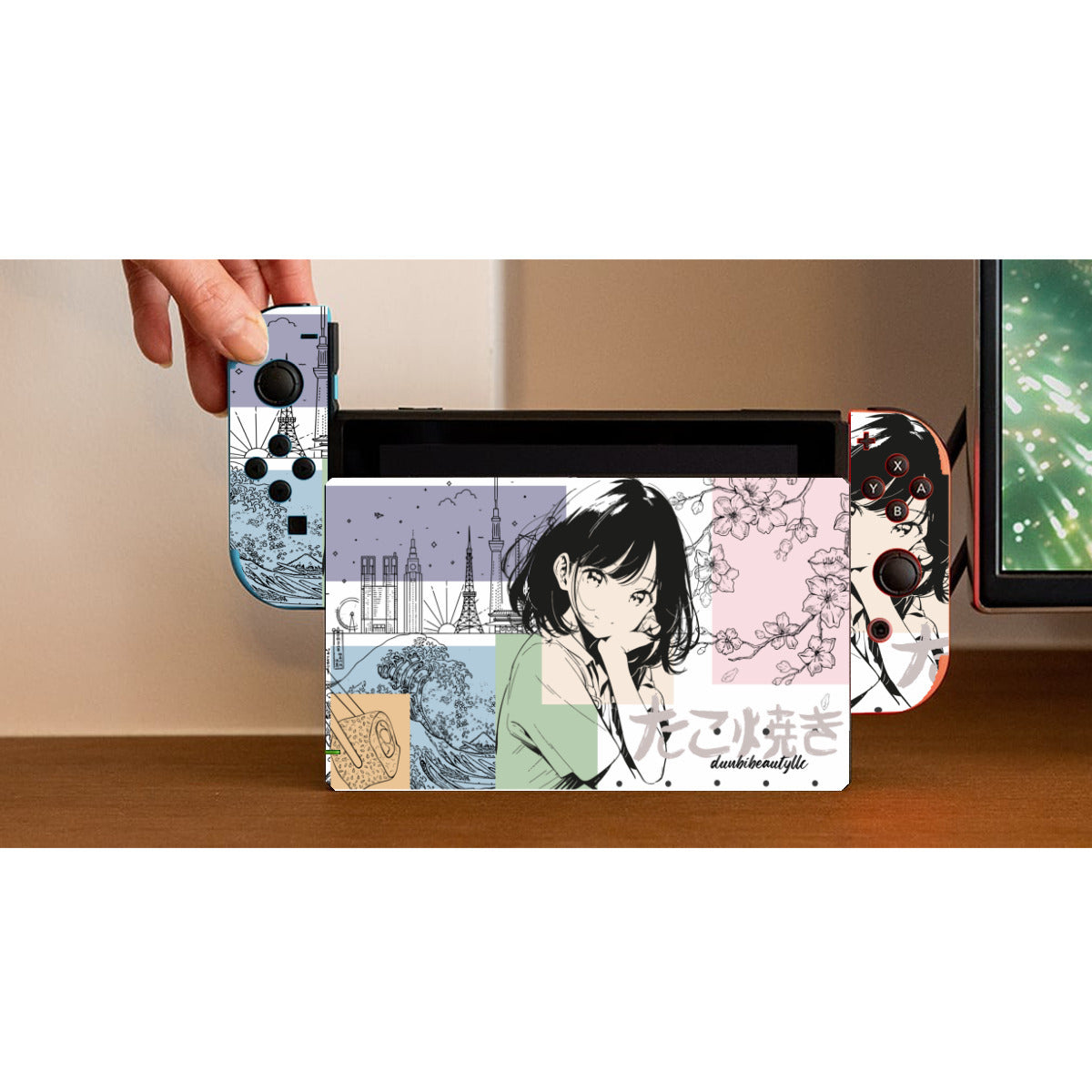 Nintendo Switch Game Console Stickers ｜PVC - Japanese, Japan, Girl, Kawaii, Cute, Anime, Manga Style, Peace, Sushi, Tokyo, Cherry Blossoms (Designed by Dunbi)