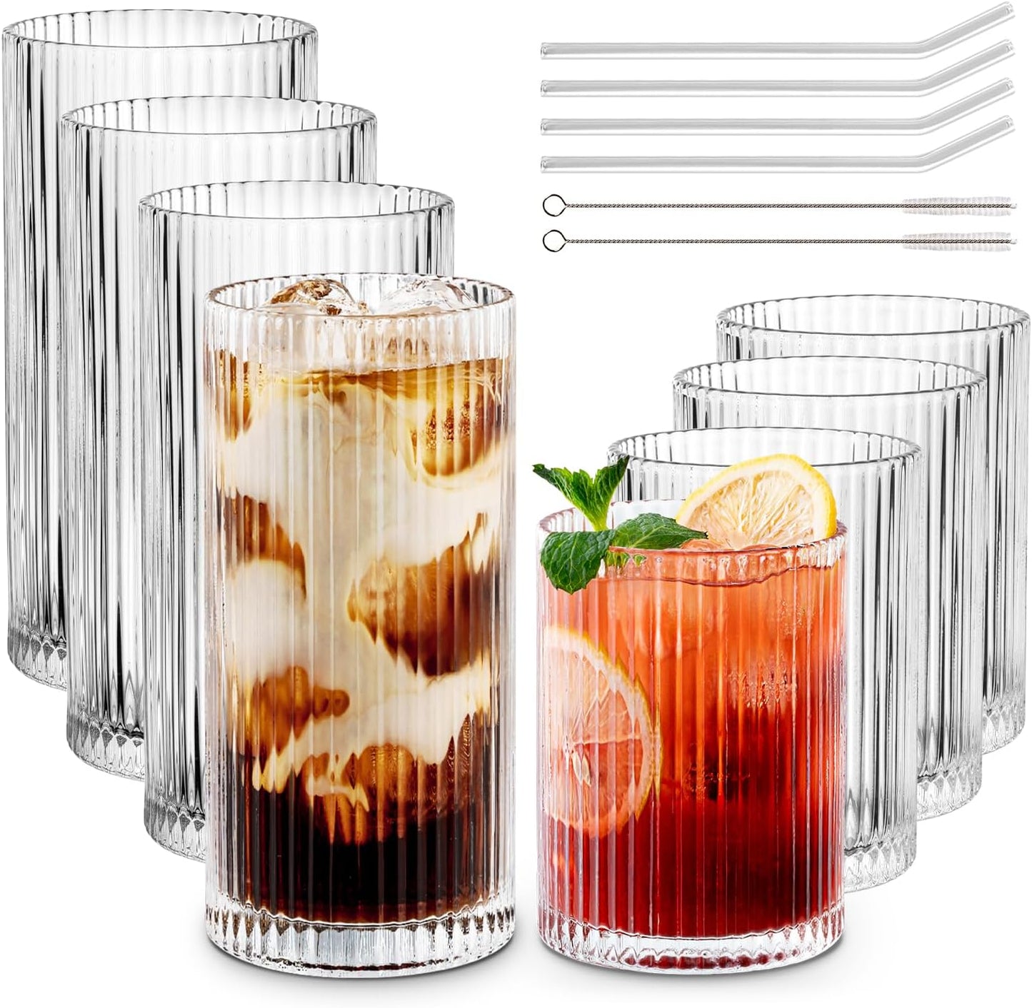 Combler 12.5oz Ribbed Glass Cups with Straws