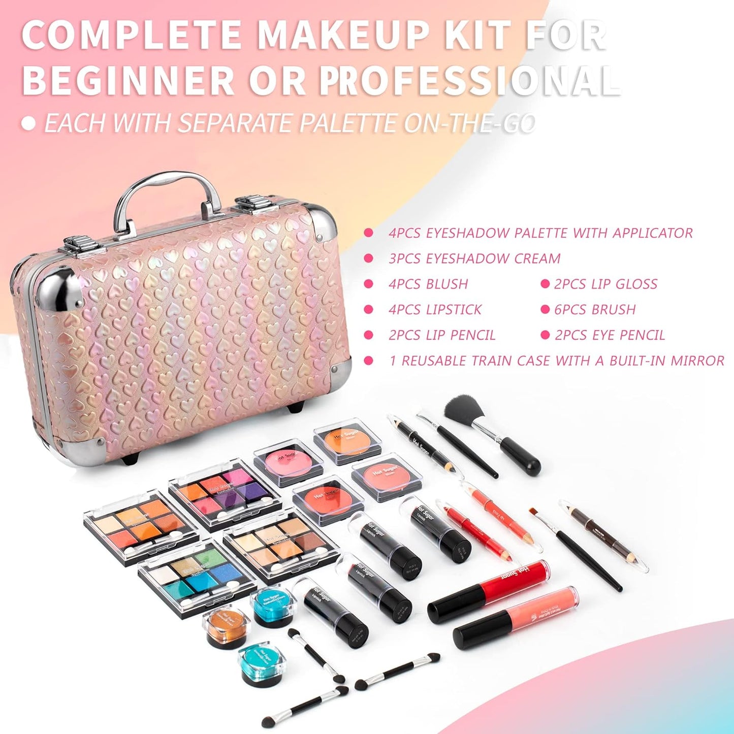 Hot Sugar All In One Makeup Set for Teenager Girls 10-12 Full Makeup Kit for Beginners Includes Eye Shadow Palette Blush Lip Gloss Lipstick Lip Pencil Eye Pencil Brush Mirror (Pink Heart)