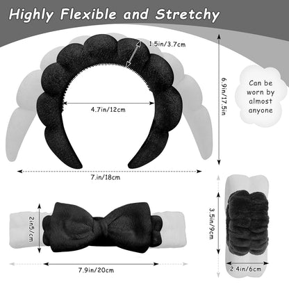 Lanfixilly Spa Headband for Washing Face, Skincare Headbands and Wrist bands Set, Terry Cloth Makeup Headband, Puffy Anti-Slip Face Wash Headbands for Women for Facial Cleaning, Makeup (Black)