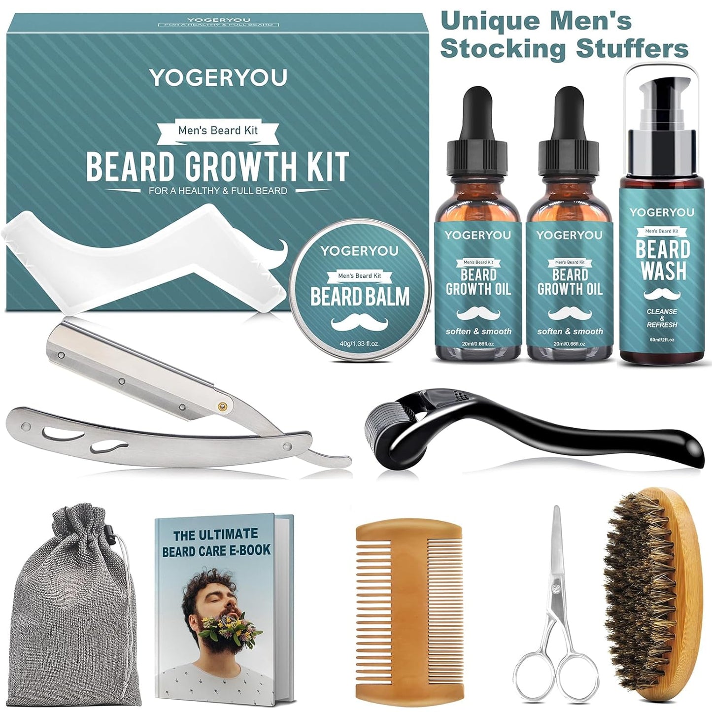 Kit de aseo para barba, kit de aseo para barba con maquinilla de afeitar recta, paquete de 2 unidades de aceite de barba, lavado de barba, bálsamo, cepillo, peine, tijeras, regalos de cumpleaños para hombres, novio, marido, kit de afeitado para moldear la