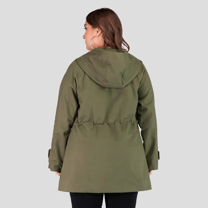 Plus Size Army Green Drawstring Hooded Trench Coat Kiwidrop