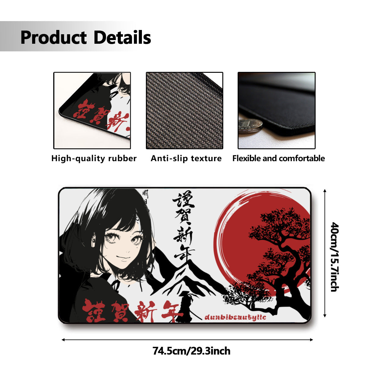 Black Lock Edge Mouse Pad (16×30inch)｜Polyester - Japan, Japanese, Red, Samurai, Pretty Girl, Tiger, Kanji, Mountains (Designed by Dunbi)