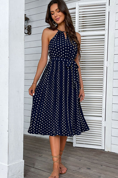 Polka Dot Tie-Waist Sleeveless Midi Dress Trendsi