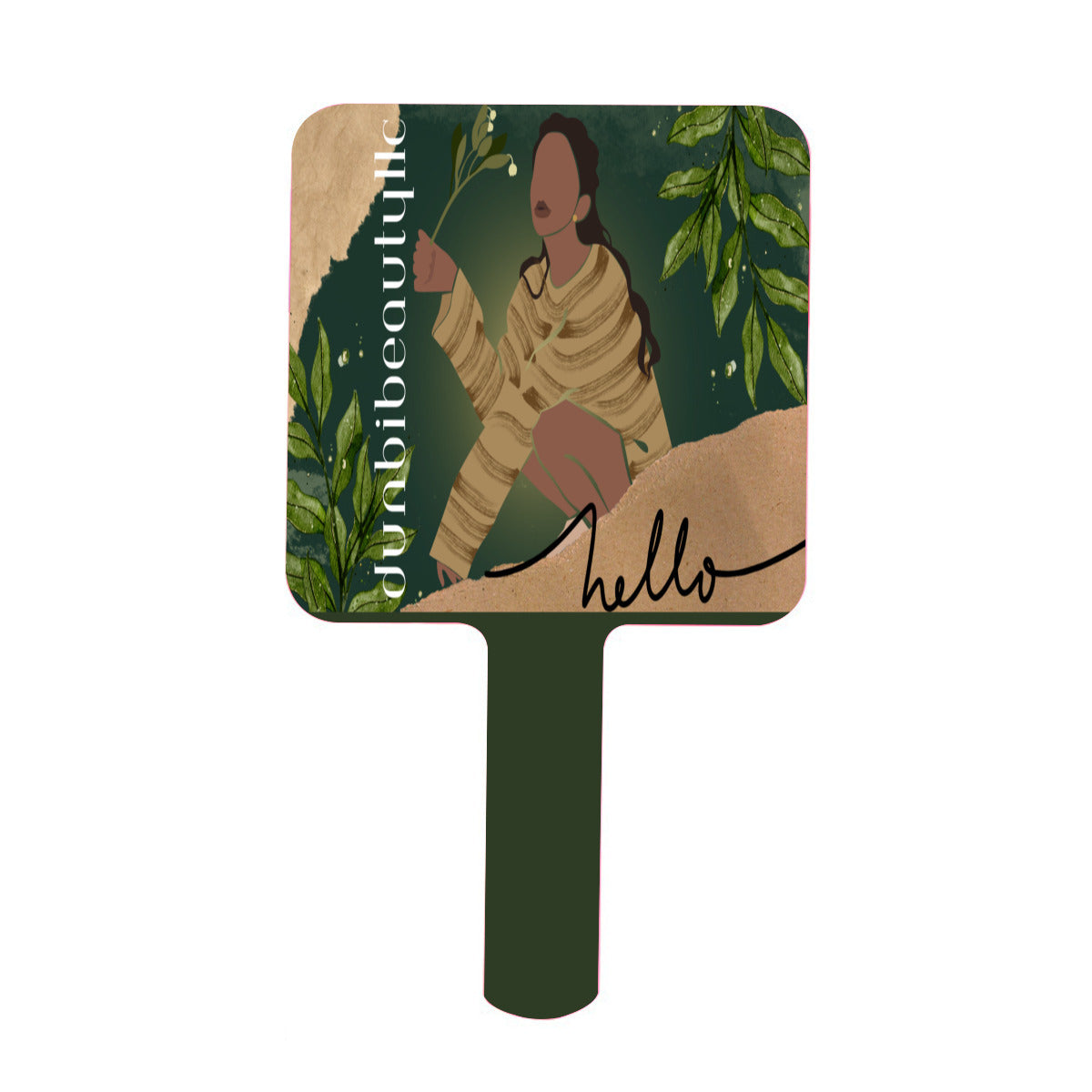 Handle Square Mirror｜Rubber -Black Woman with Flower, Green, Grace, Beauty (Designed by Dunbi)