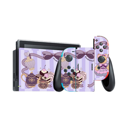 Nintendo Switch Game Console Stickers ｜PVC -Cute Teddy Bear, Tea Party, Ribbon, Bows, Cakes, Cute, Victorian, Doll, Cute Girl, Purple Style 1, Stripes (Designed by Dunbi)