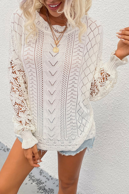 Spliced Lace Crochet Sleeve Sweater Trendsi