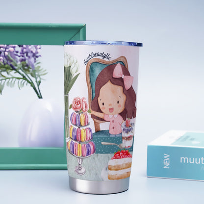 Tumbler 20oz Girl, Tea Party, Happy, Cute, Cake, Macarons, Cupcake, Tea, Snacks, Party, Bow, Parfait, Dessert (Designed by Dunbi)