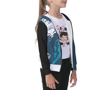 All-Over Print Kid's Zip-up Hoodie With Patch Pocket Back to School, Composition Notebook Style, Doodles, Scribbles, Writing, Boy, Blue (Designed by Dunbi)