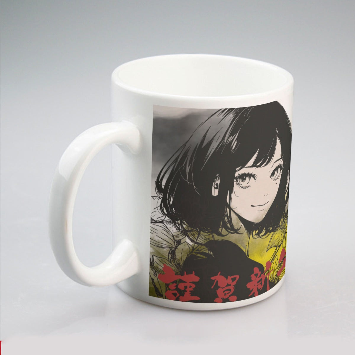 All-over print mug Japan, Japanese, Red, Blue, Green, Yellow, Architecture, Pretty Girl, Tiger, Kanji, Nature, Mountain, Watercolor (Designed by Dunbi)