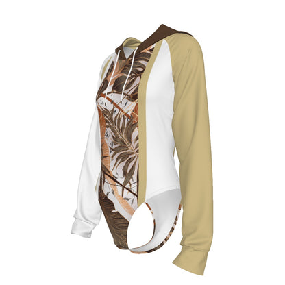 All-Over Print Women's Raglan Sleeve Hooded Bodysuit Dark Brown (Hood Only), Beige, White, Copper Gradient Leaves, Tropical, Rustic (Designed by Dunbi)