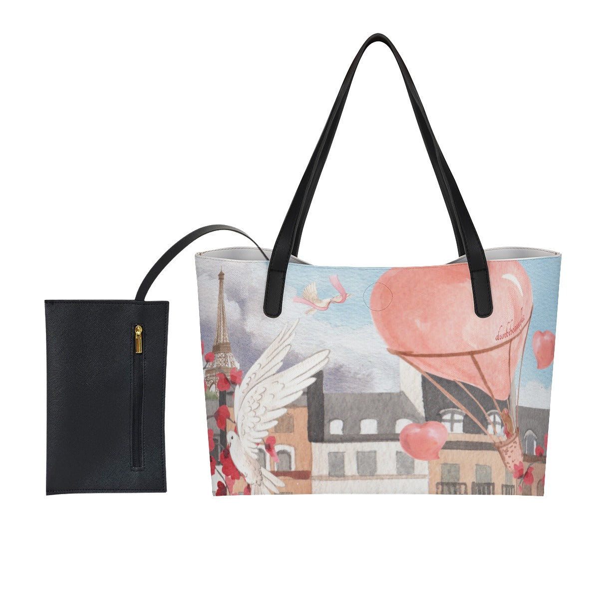 Shopping Tote Bag With Black Mini Purse Love Up in a Hot Air Balloon, Paris, Eiffel Tower, Dove, Flowers, Girl, Sky, Hearts (Designed by Dunbi)