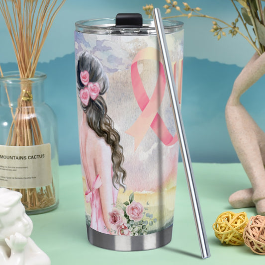 Tumbler 20oz (with Straw) Pastel Pink, Breast Cancer Awareness, Open Field, Day, Birds, Flowers, Bows and Ribbons, Watercolor Sunlight (Designed by Dunbi)