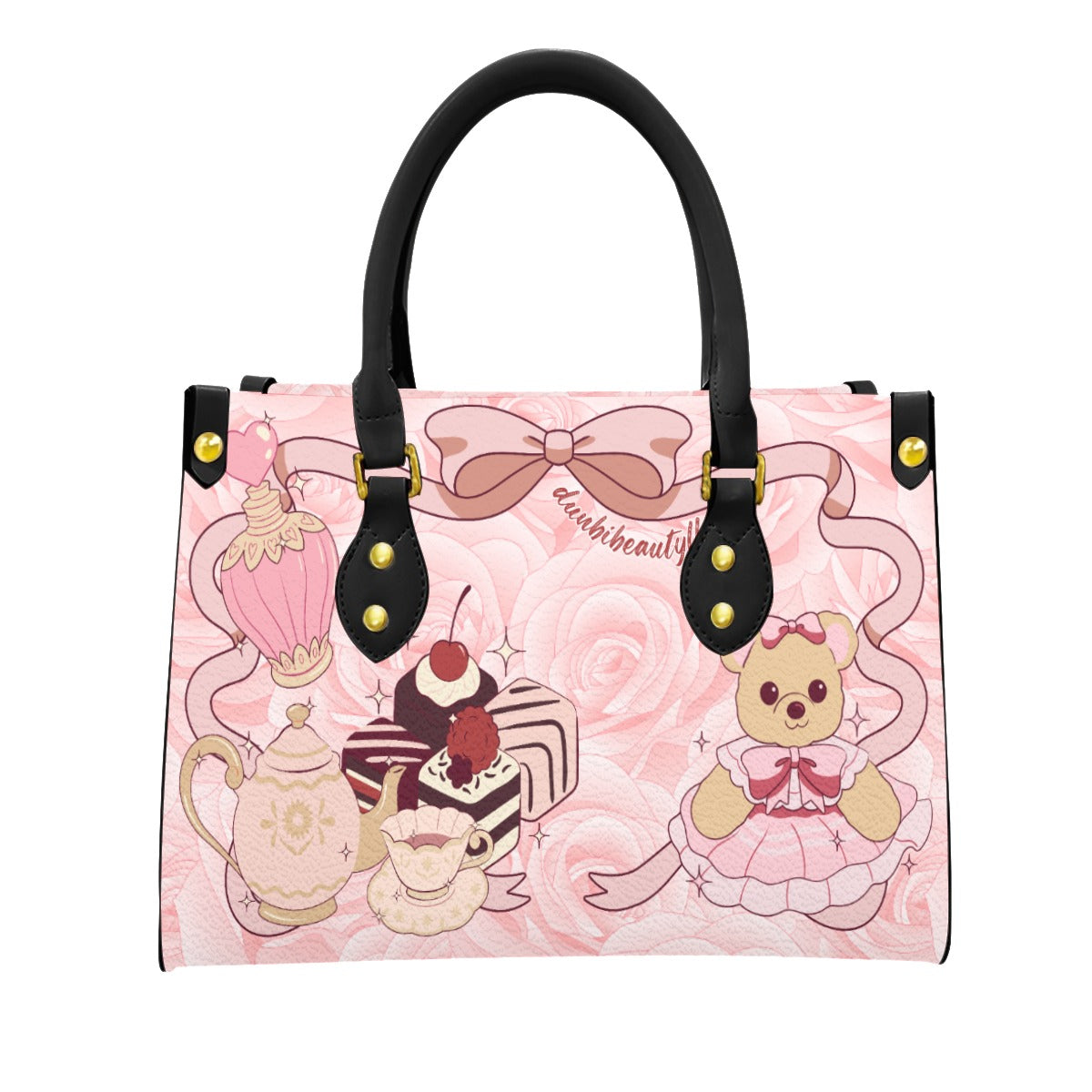 Women's Tote Bag With Black Handle Cute Teddy Bear, Tea Party, Ribbon, Bows, Cakes, Cute, Victorian, Doll, Cute Girl, Pink Style 2/1, Roses and Stripes (Designed by Dunbi)