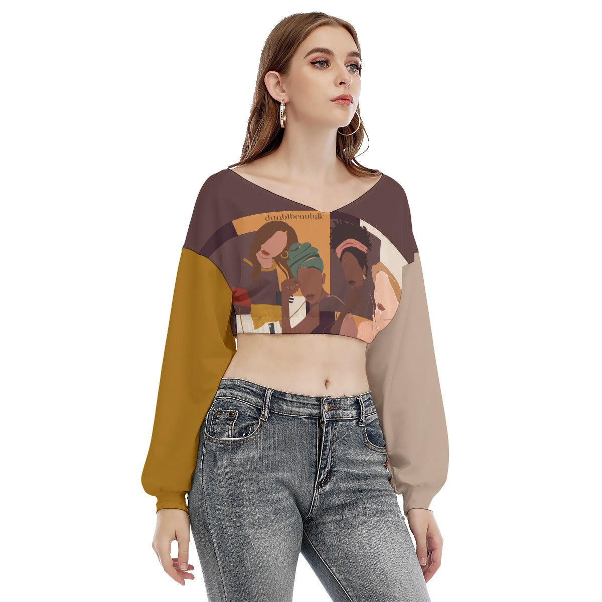 All-Over Print Women's V-neck Long Sleeve Cropped Sweatshirt Afro Latinas, Latinas, Community, Beauty, Grace, Style, Fashion. Trendsetters (Designed by Dunbi)