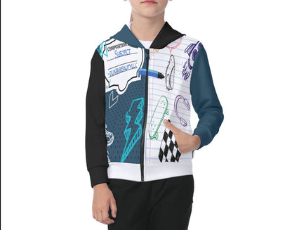 All-Over Print Kid's Zip-up Hoodie With Patch Pocket Back to School, Composition Notebook Style, Doodles, Scribbles, Writing, Boy, Blue (Designed by Dunbi)