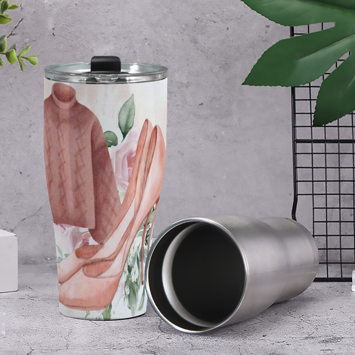 Cone Tumbler 30oz  Dusty Rose, Pink, Perfume, High Heels Champagne & Roses, Aesthetic, Feminine, Fashion (Designed by Dunbi)