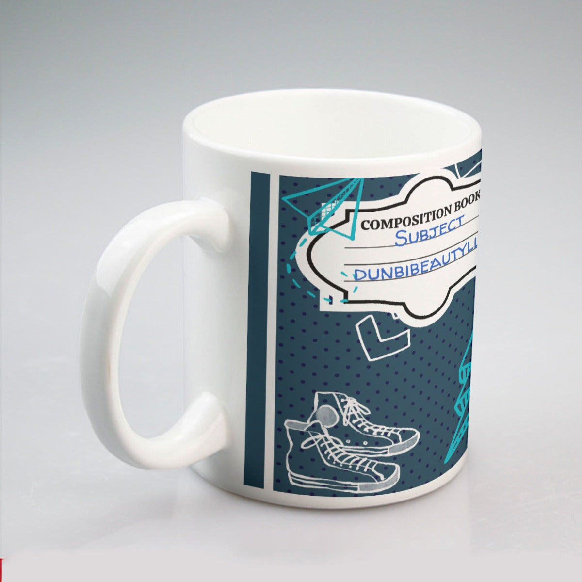 All-over print mug Back to School, Composition Notebook Style, Doodles, Scribbles, Writing, Boy, Blue (Designed by Dunbi)