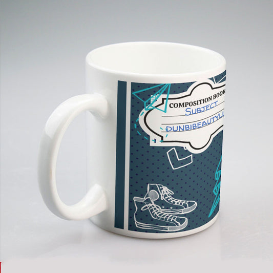 All-over print mug Back to School, Composition Notebook Style, Doodles, Scribbles, Writing, Boy, Blue (Designed by Dunbi)