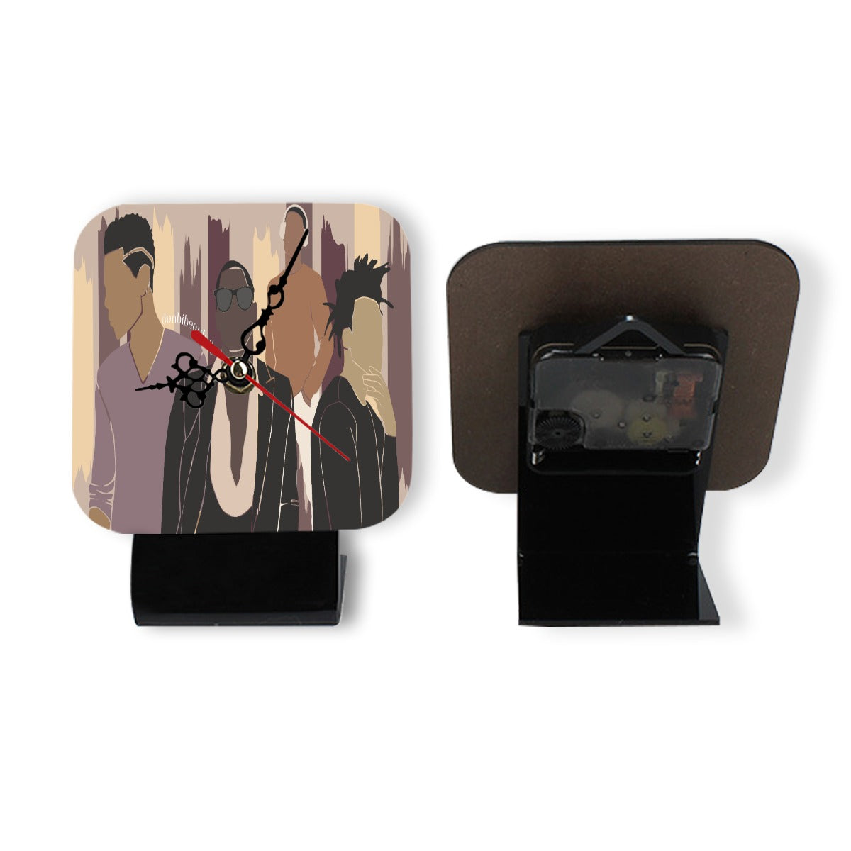 All-Over Print Square Shape Wood Clock Black Men, Music, Sophistication, Style, Youth, (Designed by Dunbi)