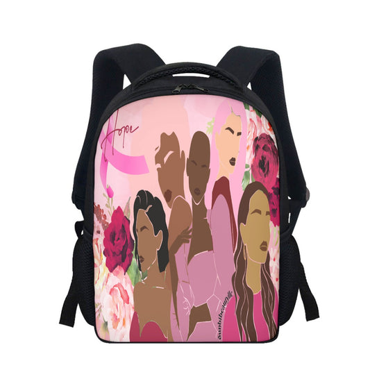 Student Backpack Unity, Hope, Pink, Hot Pink, Burgundy, Roses, Breast Cancer Awareness, Women, Black, Hispanic, White, Hair, Smooth (Designed by Dunbi)