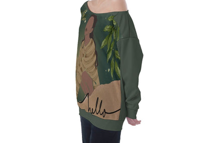 All-Over Print Oversized Women's Off-Shoulder Sweatshirt Black Woman with Flowers, Green, Grace, Beauty (Designed by Dunbi)