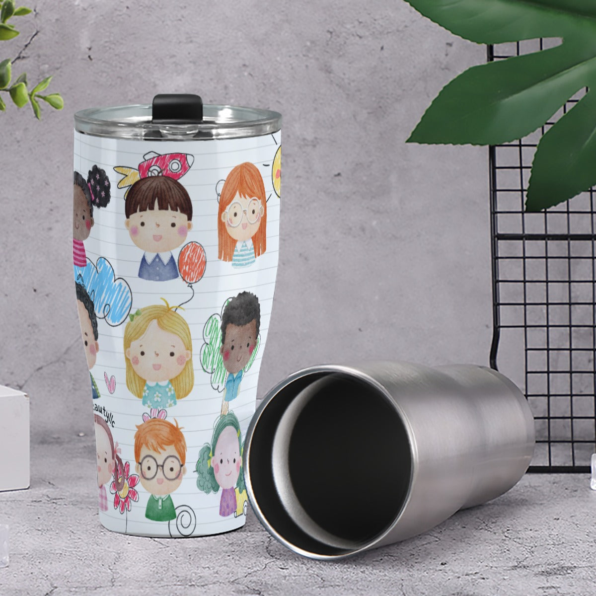 Cone Tumbler 30oz Kids, Notebook, Rocket, Sun, Smiley, School Bus, Tree, Flowers, Hearts, Clouds, Nature, Children, Boys, Girls, Friendship (Designed by Dunbi)