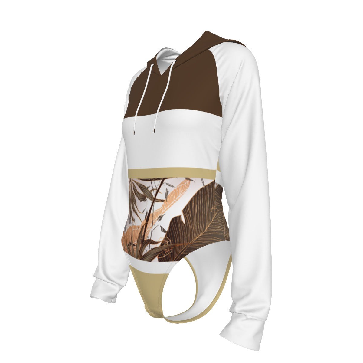 All-Over Print Women's Raglan Sleeve Hooded Bodysuit Dark Brown (Chest, Upper Back and Hood), Beige, White, Copper Gradient Leaves, Tropical, Rustic (Designed by Dunbi)