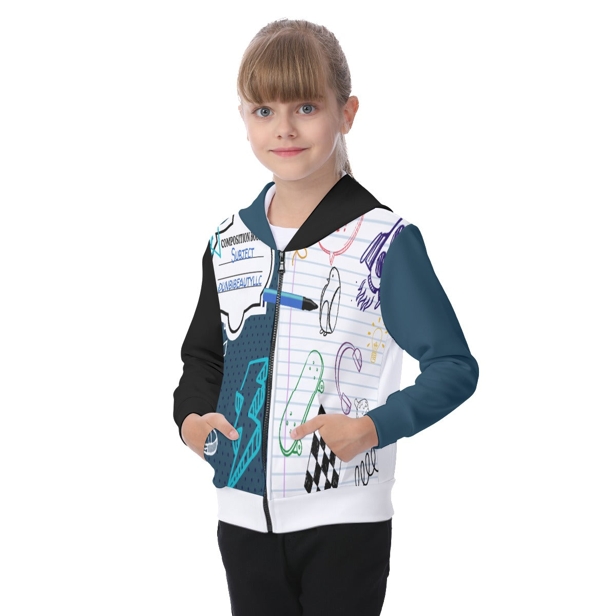 All-Over Print Kid's Zip-up Hoodie With Patch Pocket Back to School, Composition Notebook Style, Doodles, Scribbles, Writing, Boy, Blue (Designed by Dunbi)