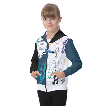 All-Over Print Kid's Zip-up Hoodie With Patch Pocket Back to School, Composition Notebook Style, Doodles, Scribbles, Writing, Boy, Blue (Designed by Dunbi)