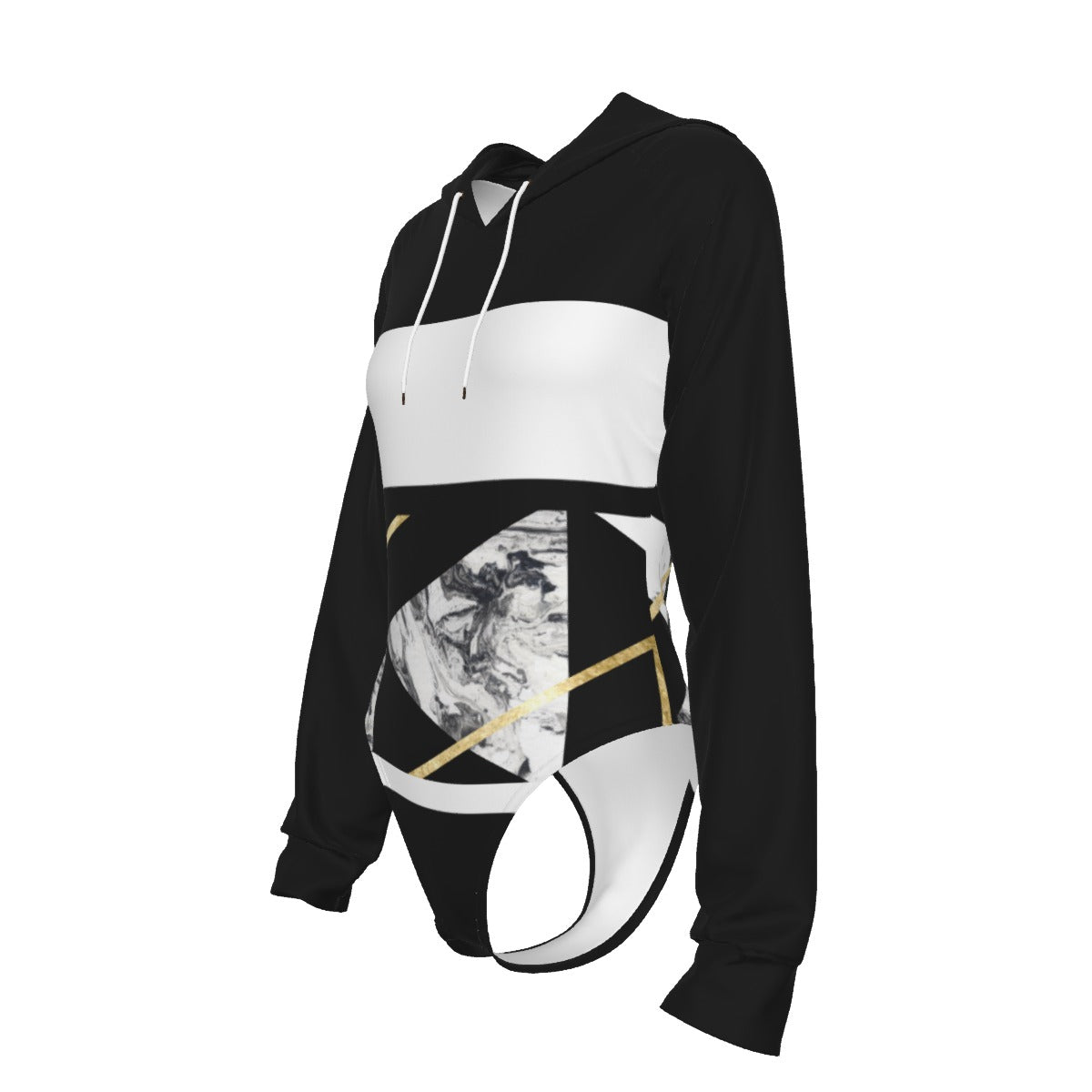 All-Over Print Women's Raglan Sleeve Hooded Bodysuit Black (Upper Chest and Back, and Sleeves), Gold, White, Marble, Geometric, 90s Inspired, Retro (Designed by Dunbi)