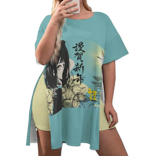 All-Over Print Women's Drop-Shoulder T-Shirt with Side Split and Shorts (Plus Size) Japan, Japanese, Yellow, Blue, Day, Early Morning, Sunny Day, Crane, Architecture, Pretty Girl, Tiger, Kanji (Designed by Dunbi)