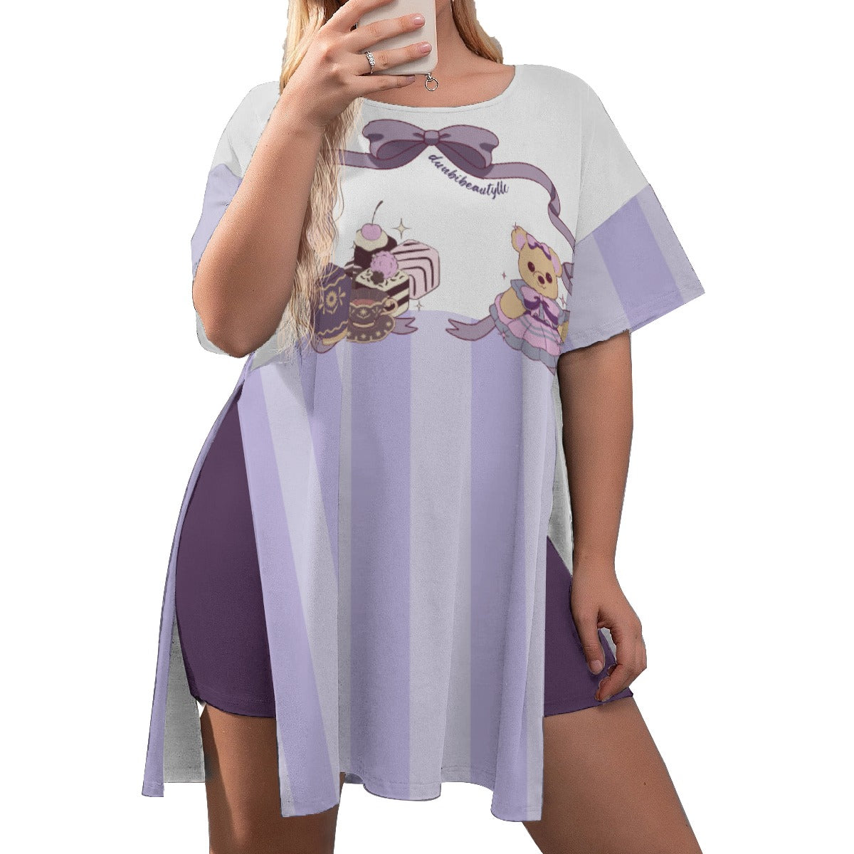 All-Over Print Women's Drop-Shoulder T-Shirt with Side Split and Shorts (Plus Size) Cute Teddy Bear, Tea Party, Ribbon, Bows, Cakes, Cute, Victorian, Doll, Cute Girl, Purple Style 1, Stripes (Designed by Dunbi)