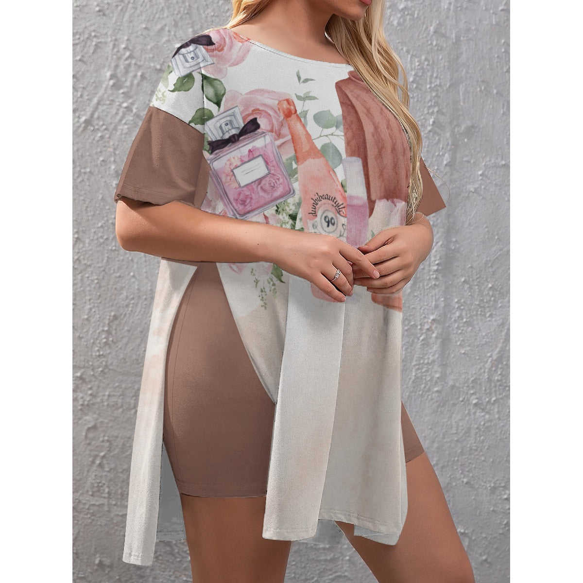 All-Over Print Women's Drop-Shoulder T-Shirt with Side Split and Shorts (Plus Size)  Dusty Rose, Pink, Perfume, High Heels Champagne & Roses, Aesthetic, Feminine, Fashion (Designed by Dunbi)