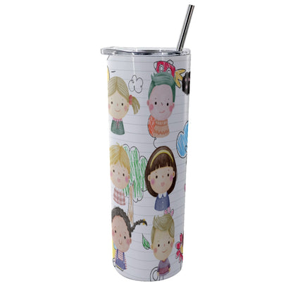 Glitter Tumbler With Stainless Steel Straw 20oz Kids, Notebook, Rocket, Sun, Smiley, School Bus, Tree, Flowers, Hearts, Clouds, Nature, Children, Boys, Girls, Friendship (Designed by Dunbi)