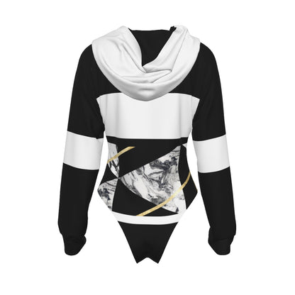 All-Over Print Women's Raglan Sleeve Hooded Bodysuit Black (Upper Chest and Back, and Sleeves), Gold, White (Hood and Center Sleeves), Marble, Geometric, 90s Inspired, Retro (Designed by Dunbi)