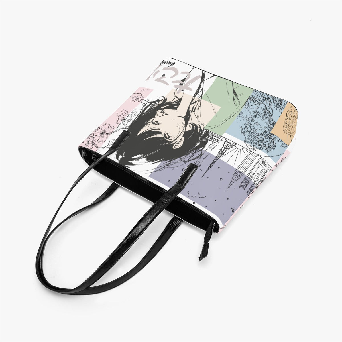 Double-Side Printing PU Tote Bag Japanese, Japan, Girl, Kawaii, Cute, Anime, Manga Style, Peace, Sushi, Tokyo, Cherry Blossoms (Designed by Dunbi)