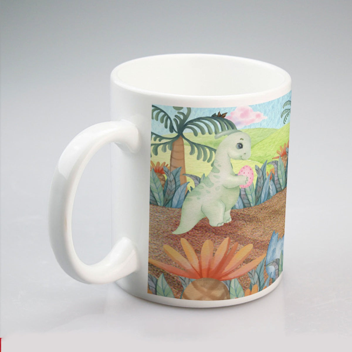 All-over print mug Watercolor Dinosaurs, Volcano, Grass, Dino Eggs, Cute, Triceratops. Parasaurolophus, Pterodactyl, Diplodocus, Prehistoric (Designed by Dunbi)