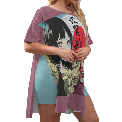 All-Over Print Women's Drop-Shoulder T-Shirt with Side Split and Shorts (Plus Size) Japan, Japanese, Yellow, Blue, Purple, Orange, Day, Early Morning, Sunrise, Japan Flag, Sunrise Rainbow, Crane, Architecture, Pretty Girl, Tiger, Kanji (Designed by Dunbi)