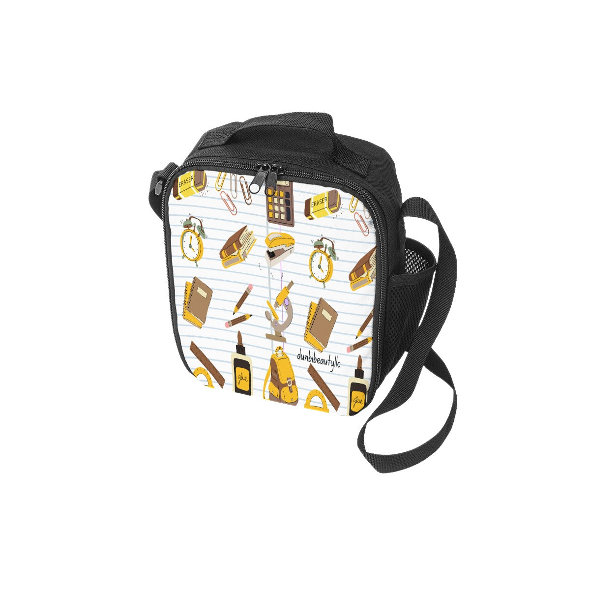 Lunch Box Bags Back to School, Teacher, Student, Notebooks, School Supplies, Backpack, Brown, Gold, Gray, Notebook Paper (Designed by Dunbi)