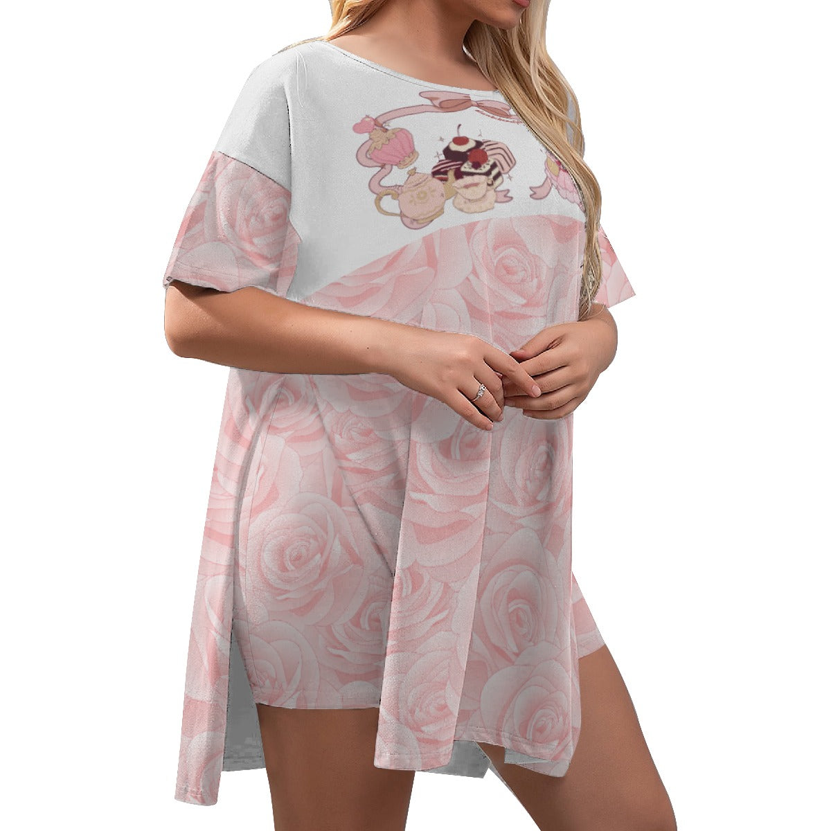 All-Over Print Women's Drop-Shoulder T-Shirt with Side Split and Shorts (Plus Size) Cute Teddy Bear, Tea Party, Ribbon, Bows, Cakes, Cute, Victorian, Doll, Cute Girl, Pink Style 2, Roses (Designed by Dunbi)